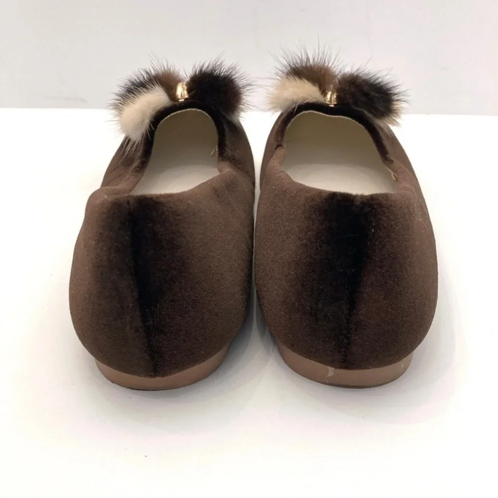 Nanette Lepore Velvet Mink PomPom Toe Ballet Flats Brown Girls 3
